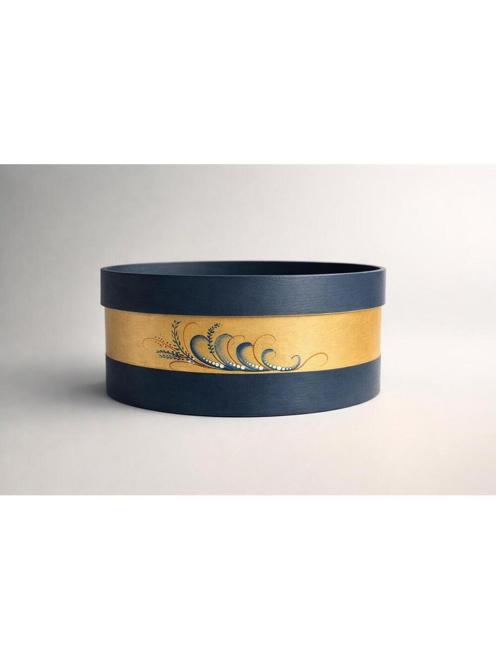 Hand-Painted Wooden Round Box with Blue and Natural Finish